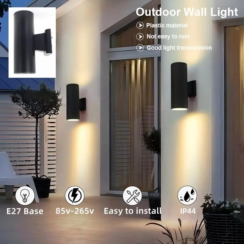 Modern Outdoor Porch Light, Ip44 Waterproof Wall Lamp, Matte Plastic Cylinder, Tempered Glass Shade, E27 Base, No Bulb Included, Patio Lighting