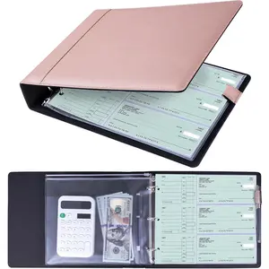 3 Ring Personal Check Binder for 3--a-Page End-Stub Deskbook & Personal 3 Holes or 9 Holes Small Size Checks, PU Leather Check Holder Checkbook Binder Cover with Zipper Pouch, Rose