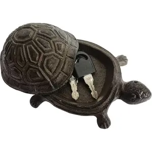 Antique Blue & Black Cast Iron Turtle Key Hider, Hidden Spare Key Holder, Decorative Garden Ornament, Vintage Style Trinket Box for Jewelry, Rings, Earrings & Paper Clips, Outdoor Key Storage