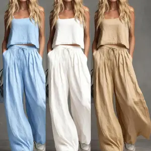 VVZ 2026 Spring and summer women's solid color casual cotton-linen camisole top and wide-leg pants set