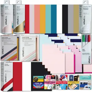 Cricut Deluxe All-in-One Materials and Accessories Bundle - 40+ Piece Beginner Sampler Material Kit for Cricut Joy Cutting Machines - Vinyl, Iron-On/ HTV, Card Making Packs and Pens - Crafting DIY Kit