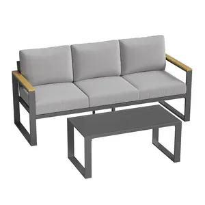 Aluminum Outdoor Patio Furniture - 1 Pcs 3-Seat Sofa and Coffee Table, All-Weather Metal Modern Outside Furniture with Washable Thick Cushion for Balcony, Garden, Deck, Backyard, Gray
