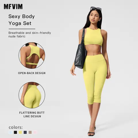 MFVIM Women’s 2-Piece Workout Sportswear Set - Back-Design Cutout, High-Waisted Butt-Lifting 7/8 Seamless Second-Skin Quick-Dry Yoga Pants, Matching Gym Sets for Yoga, Running