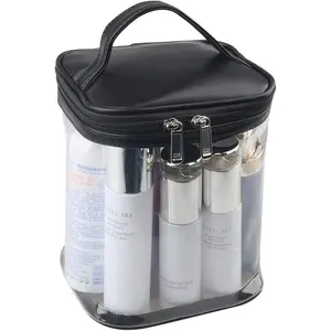 Clear Makeup Bag with Inner Pocket, Transparent  Pouch for Travel or Everyday Use,  Beach Bag for Sunscreen Skincare (Black)