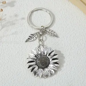 Stylish Alloy Keychain with Sunflower and Leaf Design in Silvery