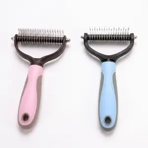 Professional 2-Sided Pet Grooming Rake for Cats & Dogs - Stainless Steel Dematting Tool for Undercoat Deshedding & Tangled Hair Removal - Gentle Skin Safe Blade Comb for Long Haired Pets, Blue/Pink