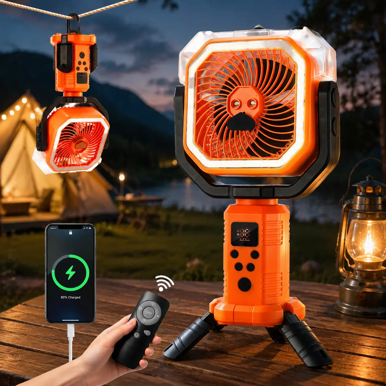Qawtor 2026 Upgraded Portable Misting Camping Fan, Rechargeable Outdoor Fan with Tripod, Hanging Hook, Telescopic Stand, Digital Display and Multi-Speed Airflow for Travel, Tent, RV and Camping backtoschool