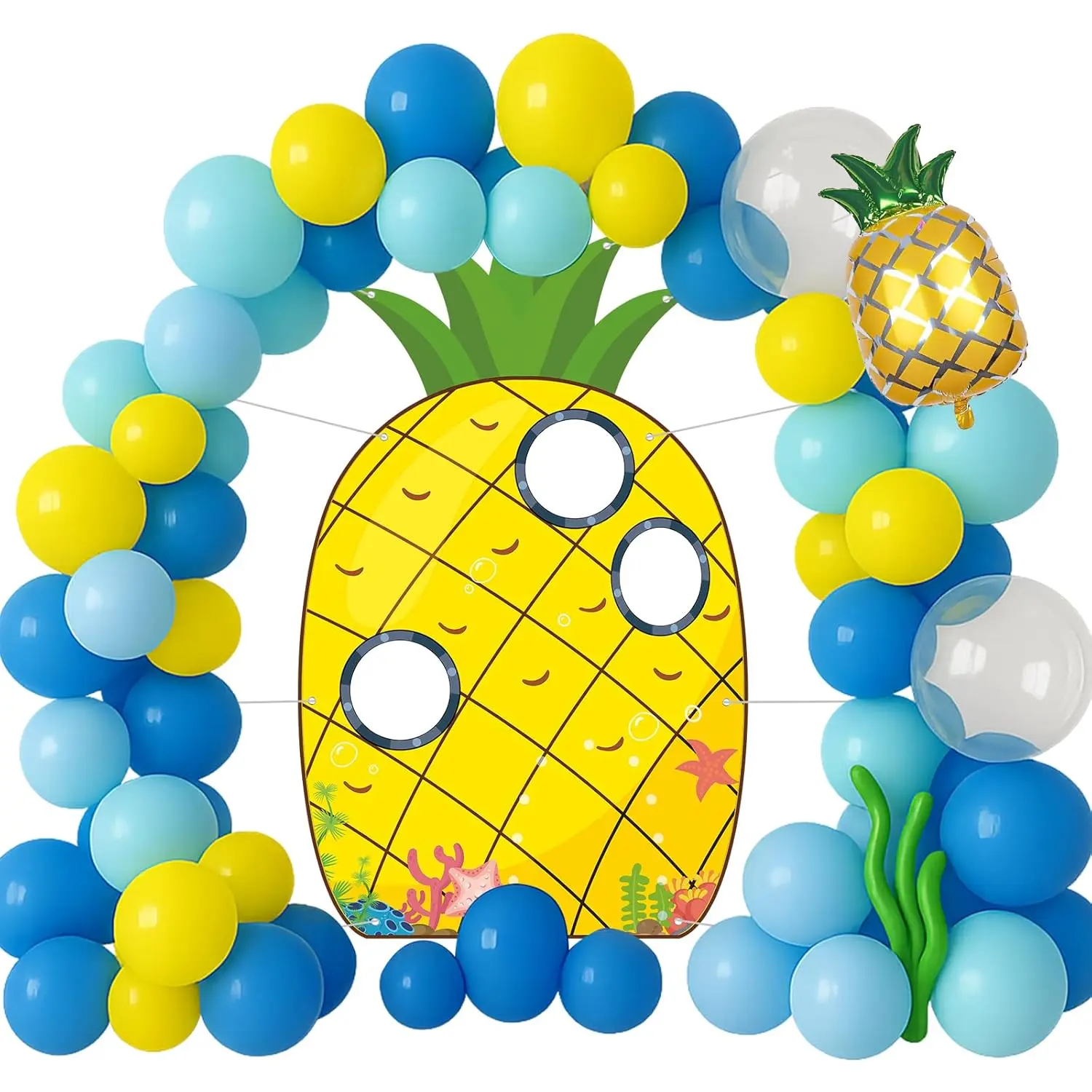 136PCS Yellow Cartoon Party Set with Pineapple House Backdrop, Blue Balloon Arch & Ocean Props