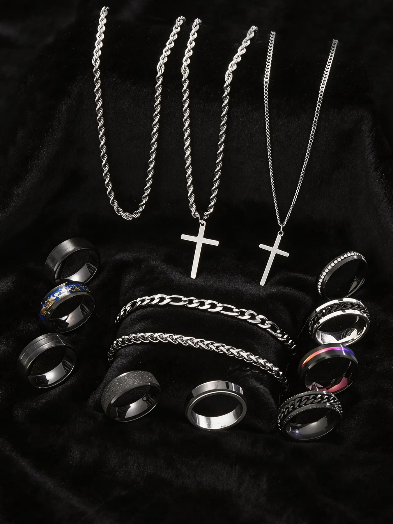 14-Piece Stainless Steel Fashionable Jewelry Set, Hip Hop Punk Style Men's Cross Necklaces, Rings and Bracelets Set, Party Gift for Boyfriend, Birthday