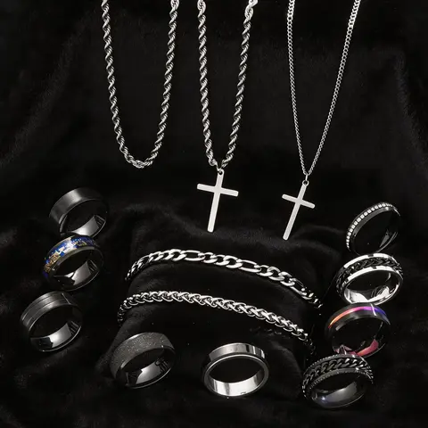 14/55 Piece Stainless Steel Trendy Jewelry Set, Hip Hop Punk Cross Men's Ring Necklace Bracelet, Party Gift for Boyfriend Birthday Father's Day