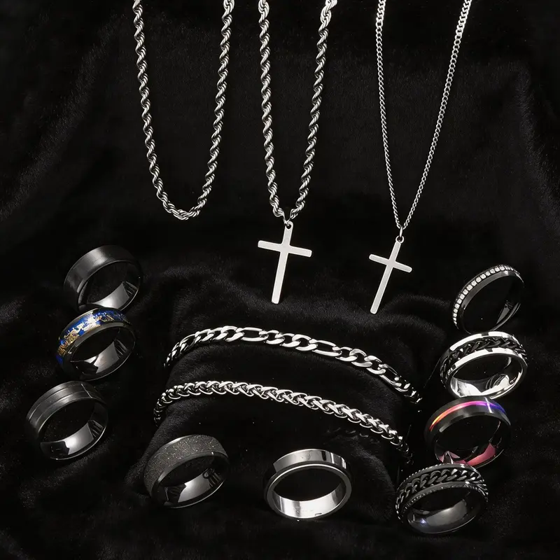 14/55 Piece Stainless Steel Trendy Jewelry Set, Hip Hop Punk Cross Men's Ring Necklace Bracelet, Party Gift for Boyfriend Birthday Father's Day