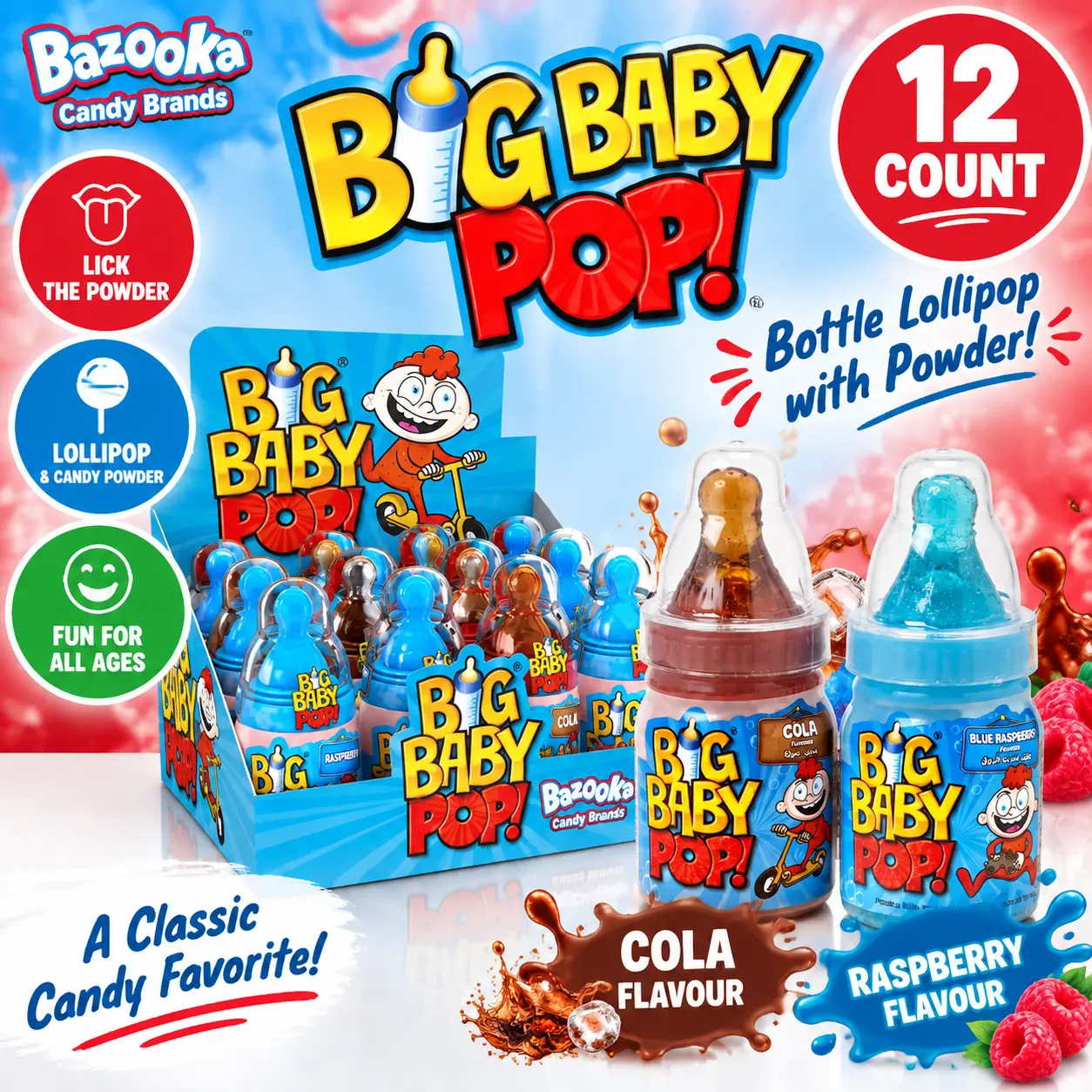 Bazooka UK Import Big Baby Pop Bottle Lollipop Cola Raspberry 32g 12 Count Novelty Candy
