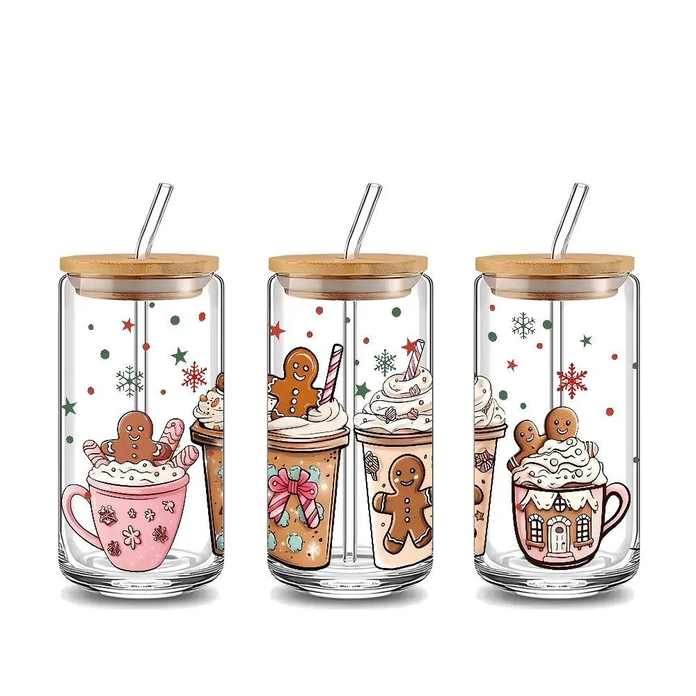 Gingerbread Coffee Cup Christmas Pattern 16oz covered straw glass drinking cup, reusable glass drinking cup, high-quality glass jar design, suitable for iced coffee, beer, juice, milk, cold drink glass cups, fashionable glassware, Drinkware, Tumbler