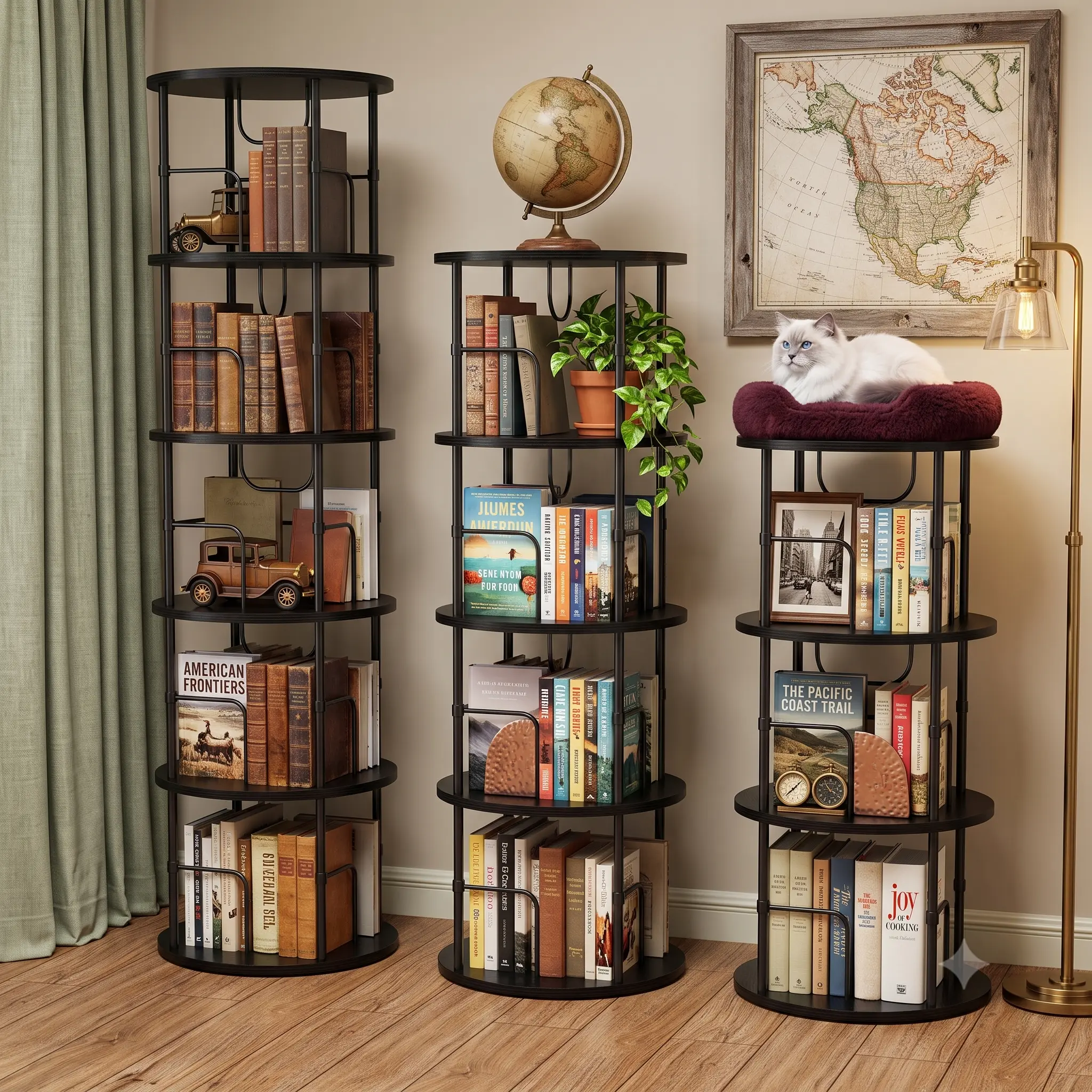 Rotating Bookshelf 3-5 Tier Spinning Bookshelf Tower 360° Display Unique Round Bookcase for Home Study and Office Organization Furniture Stand Monitor Riser