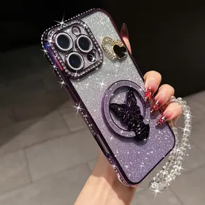 Anti-Drop Phone Case with Butterfly Stand and Beaded Bracelet, Diamond Sparkle Design, Fits iPhone 17 Pro Max, 17, 16 Pro Max, More