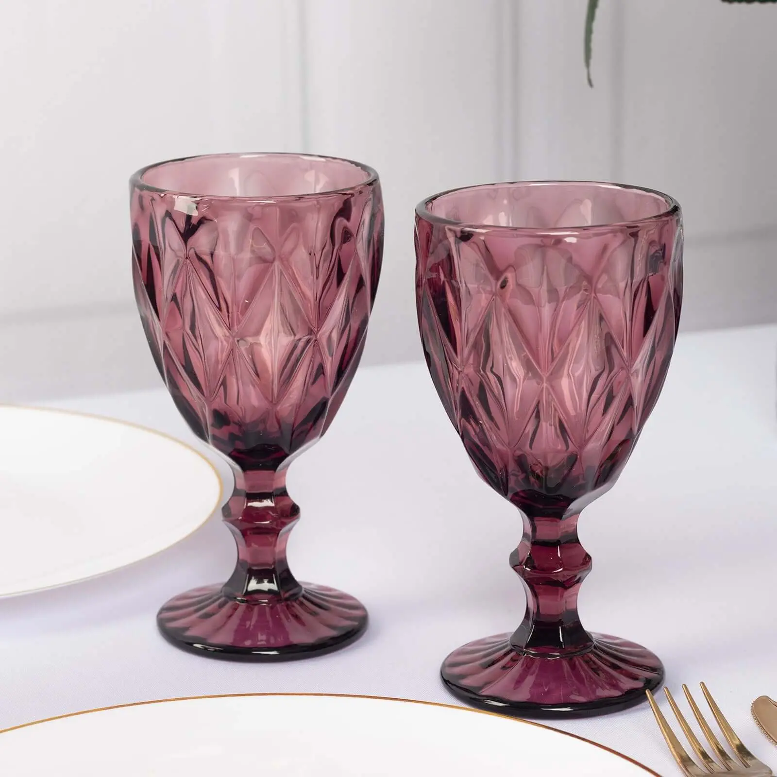 6-Pack Stemmed Glassware Drinkware - 12oz 7" Dusty Rose Embossed Crystal Cut Colored Glass Glasses for Parties, Events