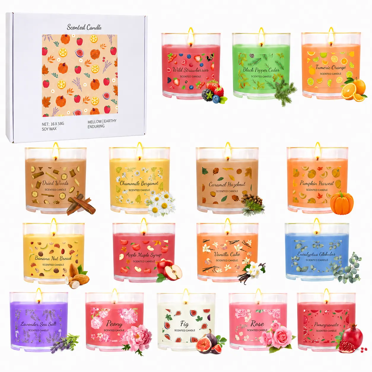 Fall Candles Bulk,  16 Pack Scented Candles for Home, Candle Set for Women, Small Soy Candle Scent of Pumpkin Vanilla Caramel Lavender, Mini Candle Gift Set for Mothers Day Birthday Christmas Birthday