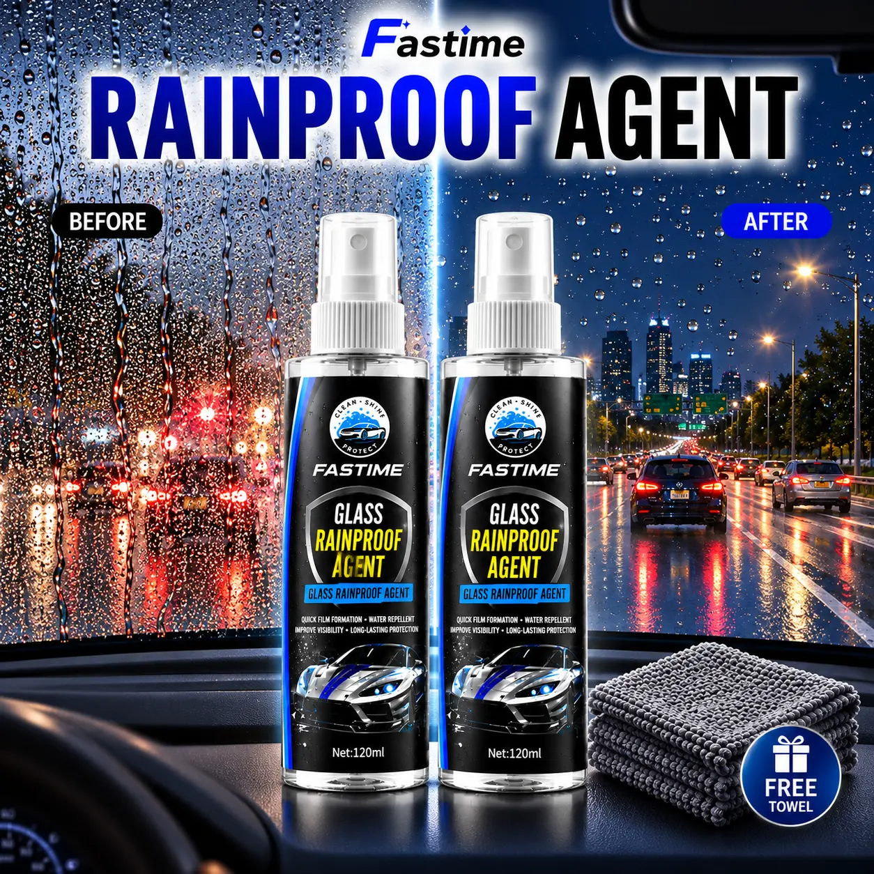 Fastime Car Glass Rain Repellent Spray Bottle (120ml) - Rain Protection Windshield Coating Agent, Repels Water, Anti-Fog for Car Windows & Rearview Mirrors, Enhances Rainy-Day Driving Vision, Includes Free Fish Scale Towel