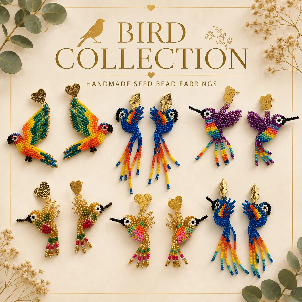 Handmade Hummingbird Beaded Earrings Colorful Artisan Statement Earrings for Women