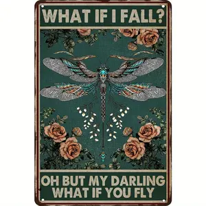 Charming Vintage Dragonfly Metal Wall Sign – "What If I Fall?Oh, But My Darling, What If You Fly?"– Rustic Teal & Golden Tin Sign Décor, 8x12 Inch Iron Wall Plaque with Pre-Drilled Holes – Whimsical Home, Café, Bar, Kitchen Decor