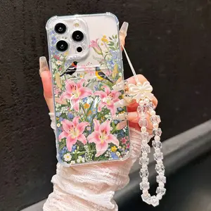 Transparent Card Holder Case for iPhone 15 Pro Max, Anti-Drop Design with Petal Illustrations, Compatible with Apple 14/13/12 Series