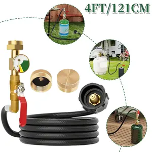 4-Foot Propane Refill Adapter Hose with Pressure Gauge and ON/OFF Valve, Flexible Black Hose with Red Handle, Fill 1 lb Bottles from 20 lb Tanks