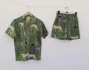 Indian Cotton Tiger Pajama Set – Women’s Green Night Suit, Soft Breathable Sleepwear, Short Sleeve PJ Set