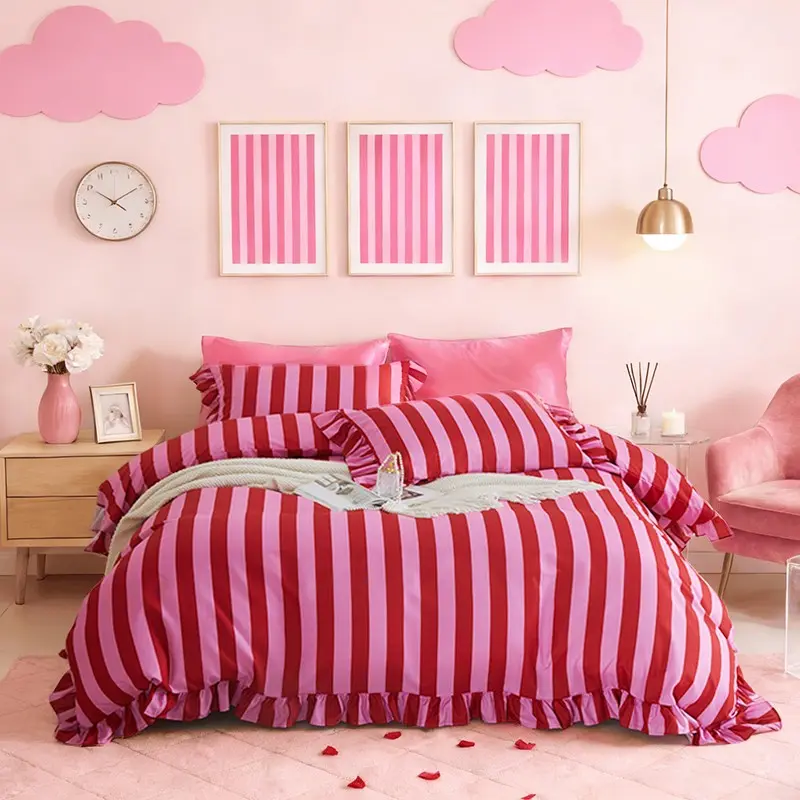 3-Piece Summer French Retro Pink Striped Ruffled Duvet Cover Set, 1 Duvet Cover & 2 Pillowcases Without Insert, Home Bedroom Decor, Decorative Duvet Cover, Comfy Bedding Sets, Perfect Birthday Gift, Soft Bed Cover