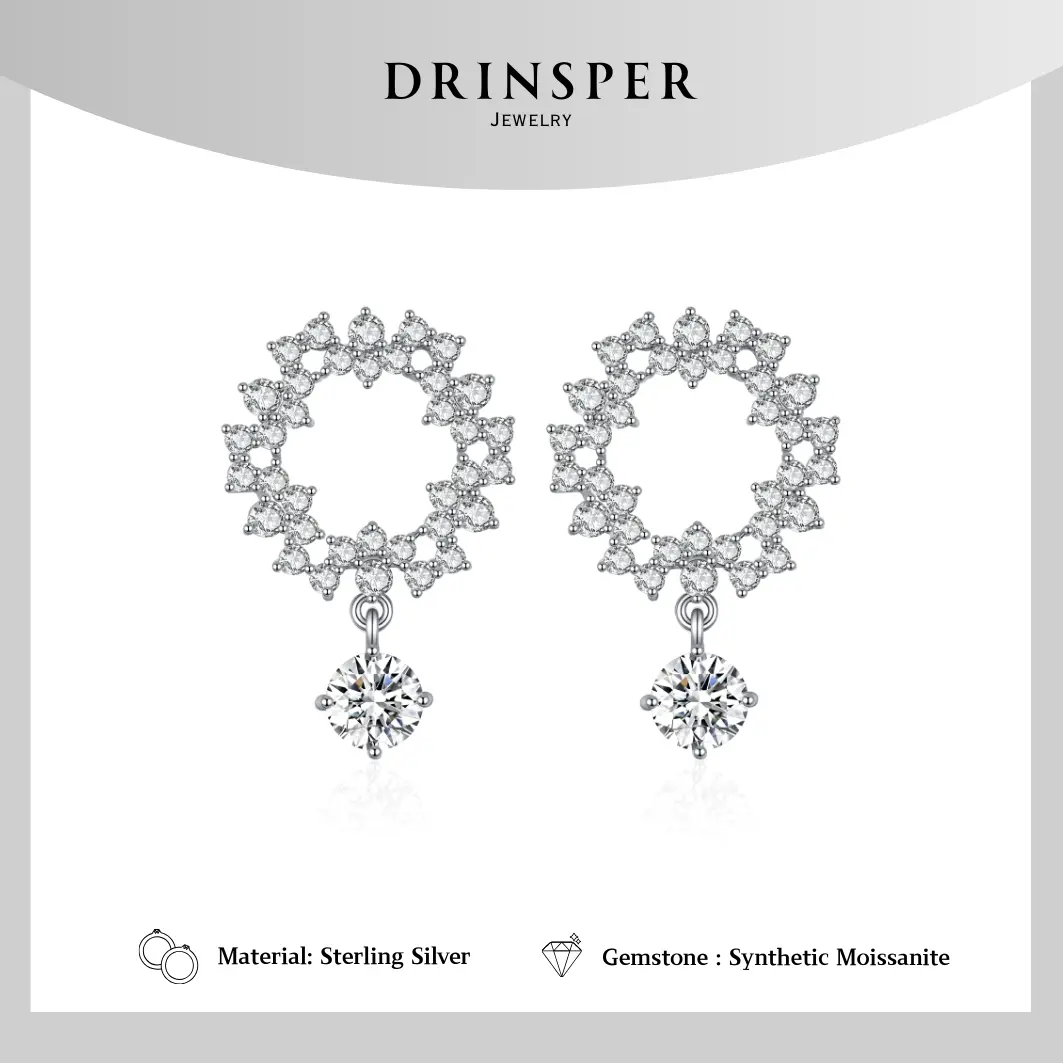Drinsper S925 Sterling Silver Christmas Wreath Earrings Jewelry - 0.80ct*2 Synthetic Moissanite Main Stones, Dazzling Floral Snowflake Starry Design, Shining Statement Dangling Unique Earrings for Women, Shining Earrings