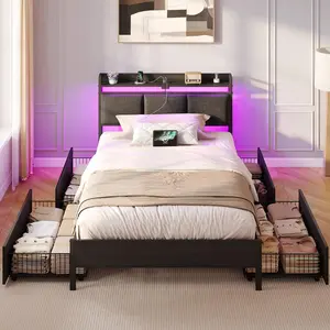 Bed Frame Twin Size With Charging Station And LED Lights, Upholstered Storage Headboard With Drawers, Heavy Duty Metal Slats, No Box Spring Needed, Noise Free, Easy Assembly, Bedroom Deroc