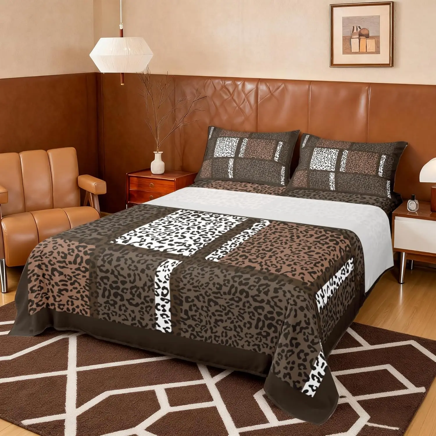 Feelyou Queen Leopard Print Bedding Set - Brown White Animals Patchwork Look All Over Print, Breathable Deep Pockets, Durable Fade-Resistant Decor, Cold Water Machine Wash Compatible, Includes 1 Flat Sheet, 1 Fitted Sheet (Bedding Sets Collections)