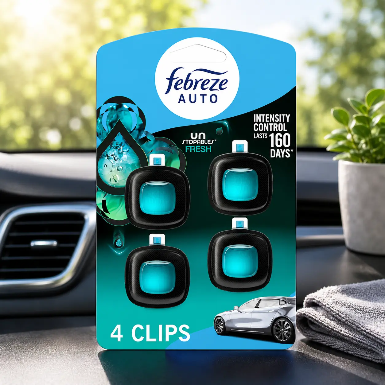 Febreze Car Air Freshener, Odor-Fighting Automotive Vent Clip, Scented Car Accessories, Long Lasting for Strong Odors, Unstopables Fresh Scent, .07 fl oz, 4 Count