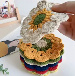 Handmade Crochet Flower Coaster 3PCS, Boho Floral Knit Cup Mat, Cute Colorful Cotton Coasters, Non-Slip Handwoven Table Decor for Coffee, Tea, Home Kitchen, Aesthetic Drink Mat Tableware Tableware