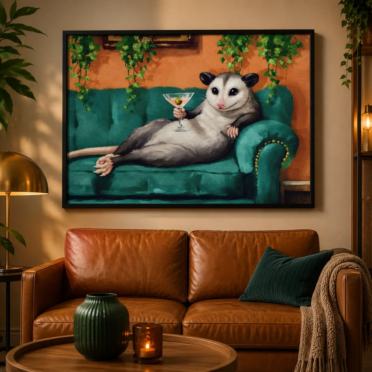 Opossum Lounging with Martini Rolled Poster Funny Maximalist Art Dopamine Decor Sarcastic Animal Wall Art humor artwork, Canvas Wall Art, Funny Opossum Canvas Print, Martini Cocktail Poster, Quirky Animal Decor, Bar Cart Decor, Gift for Animal Lovers