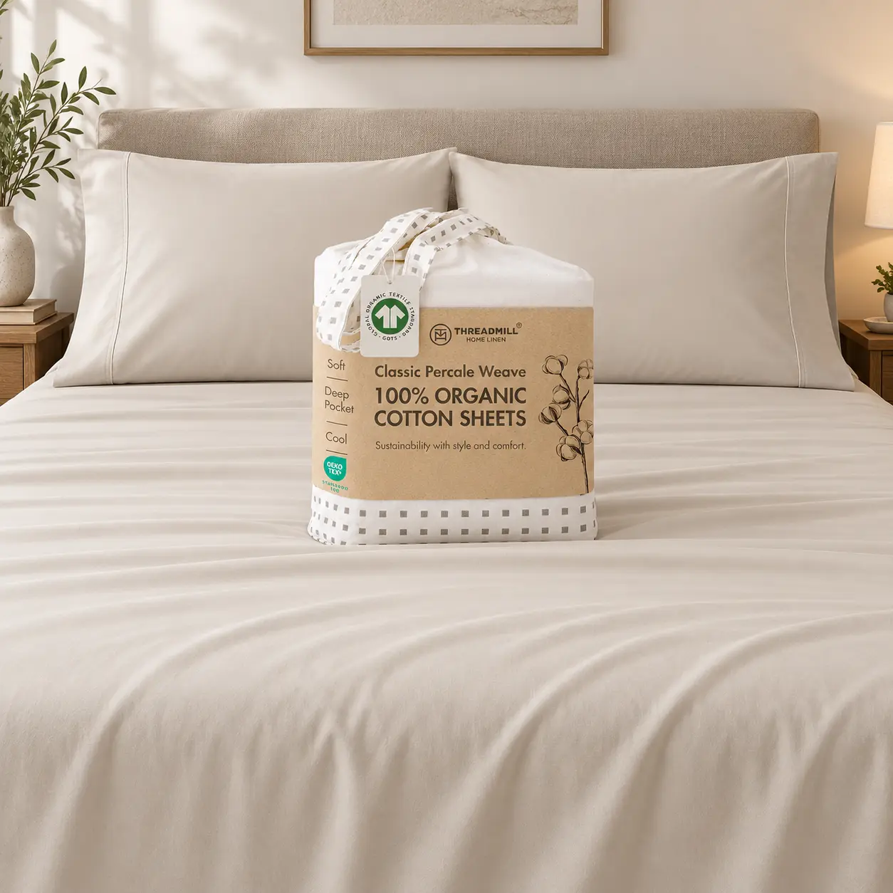 Threadmill Home Linen 100% Cotton 300TC Percale Solid Sheet Set - 15” Deep Pocket, Soft Breathable Cooling Bed Sheets, OEKO-TEX Certified
