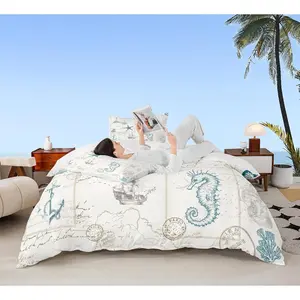 Beach Nautical Duvet Cover Set,Coastal Ocean Comforter Cover Sketch Seashell Conch Seahorse Starfish Sailboat Bedding Set,Kids Teens Adult Room Decor,Vintage Beige Navy Quilt Cover