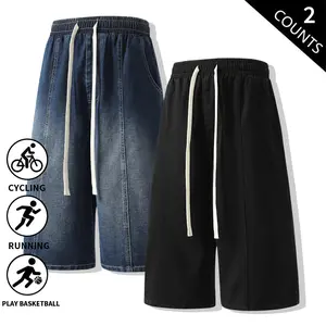 2-pack men’s elastic waist denim capri shorts, casual loose fit 7/8 length jeans for running, basketball, and everyday wear, baggy wide-leg streetwear shorts