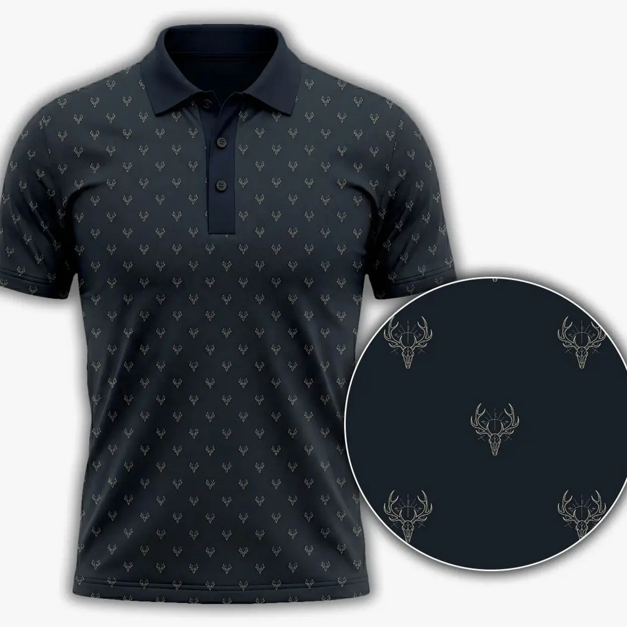 Navy Deer Skull Micro Pattern Polo Shirt DP1011