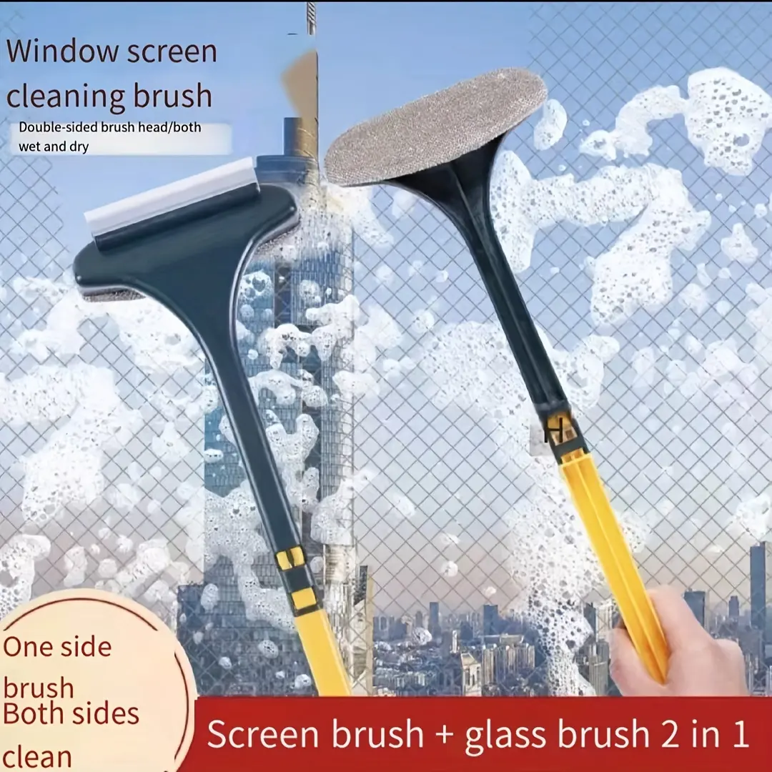 2-in-1 Multifunctional Window Screen Cleaning Brush with Handle, No-Disassembly Tool with Removable Glass Squeegee & Mesh Scraper for Home, Wet-Dry Double-Sided Home Care Squeegee