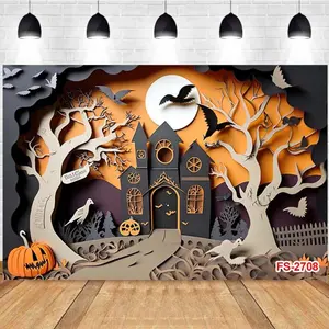 Photography Background Halloween Paper-art Haunted House Bats Pumpkins Moon Birthday Party Photo Studio Backdrop