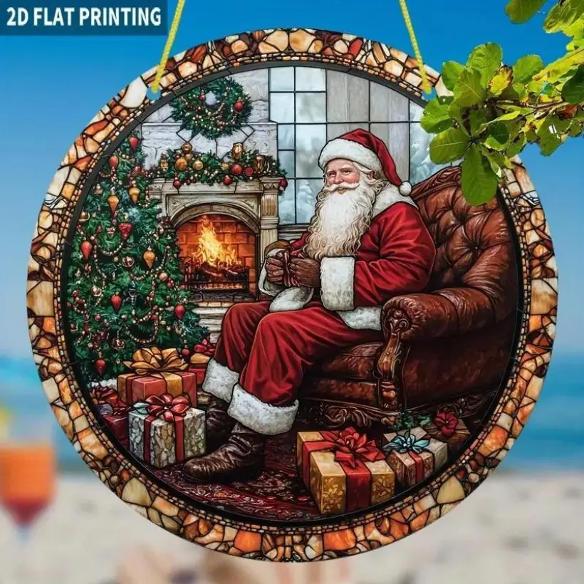 1PC 2D Flat, Vintage Santa Claus Christmas Sun Catcher - 19.99cm Round Colored  Style Ornament, Featuring Festive Fireplace and Tree Scene, Ideal for Living Room, Bedroom, Office Holiday Decoration, Ideal Gift for Christmas Enthusiasts, Christmas Dec