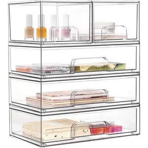 Stackable Storage Drawers Set of 5,Clear Plastic Organizer Bins for Makeup, Cosmetics, Beauty Supplies,Ideal for Vanity, Bathroom,Cabinet,Pantry Organization