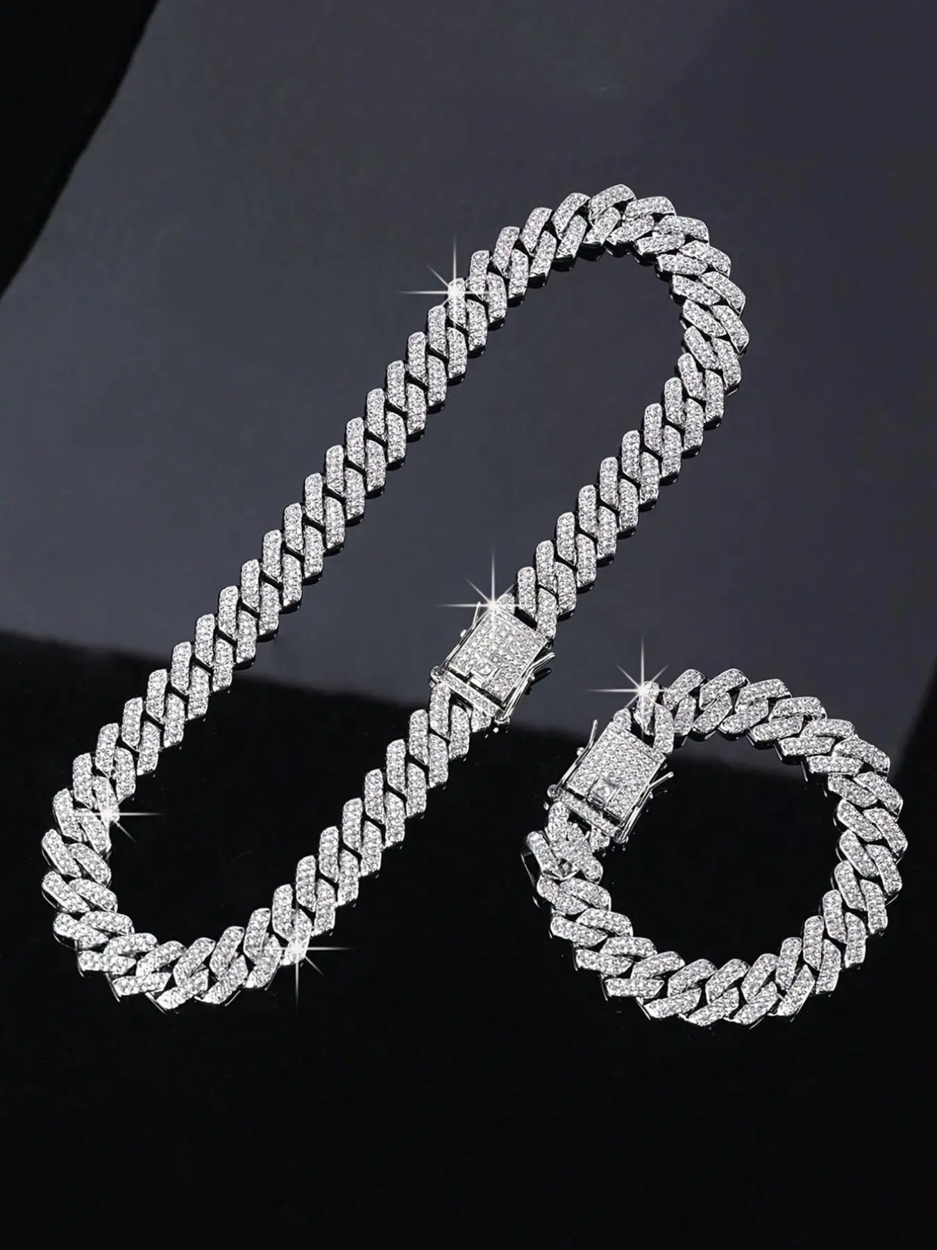 2-Piece Rhinestone Cuban Chain Necklace & Bracelet Set, Unisex Street Party Jewelry, Bold Design for Men and Women