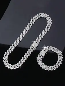 2-Piece Set Rhinestone Cuban Chain Necklace Bracelet Set, Unisex Street Party Jewelry, Bold Design for Men and Women