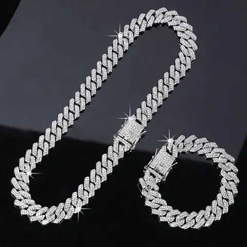 2-Piece Rhinestone Cuban Chain Necklace & Bracelet Set, Unisex Street Party, Bold Design for Men and Women, Trendy Jewelry Set