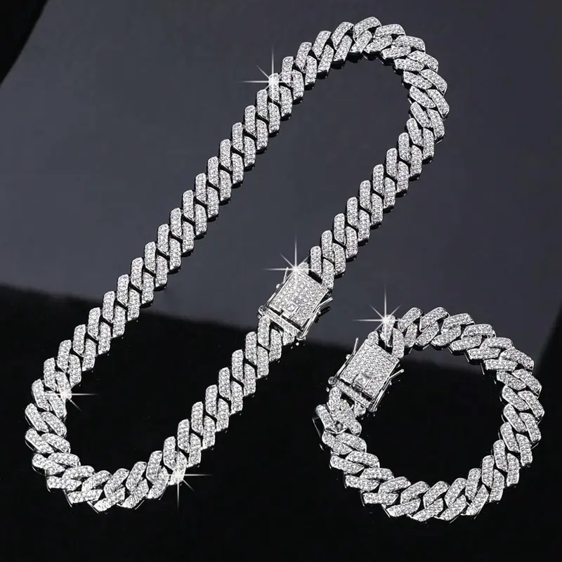 2-Piece Rhinestone Cuban Chain Necklace & Bracelet Set, Unisex Street Party, Bold Design for Men and Women, Trendy Jewelry Set