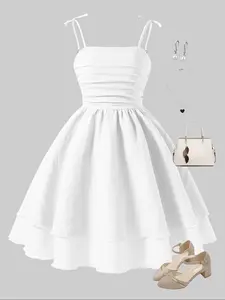 Sweet Strap Dress for Girls, Summer Casual Style, Fitted Woven Fabric, Moderate Thickness, Perfect for Daily Wear, Beach