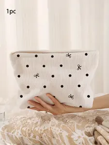 Cute Makeup Bag Handbag, Makeup Pouch, Bowknot and Polka Dot Print, Bohemian Style, Corduroy Material, Large Capacity, Travel Storage Bag