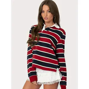 Brick Red Knit Polo Sweater �C Striped Collar, Loose Fit for Spring/Autumn