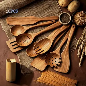 10-Piece Natural Wooden Kitchen Utensil Set, Ergonomic Handles, Heat-Resistant, Includes Spoons, Spatulas, Perfect for Cooking and Baking, Wooden Cooking Tools